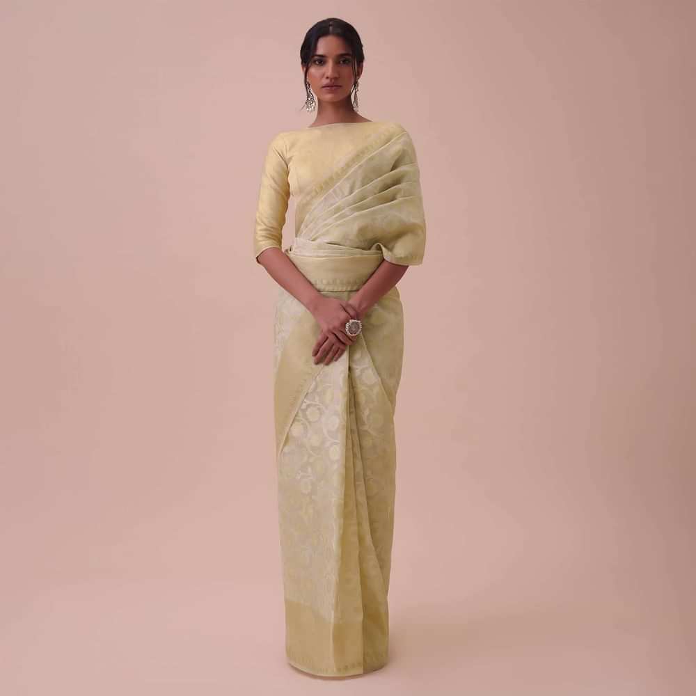 Ivory White Kora Cotton Silk Saree With Meenakari Butti All over