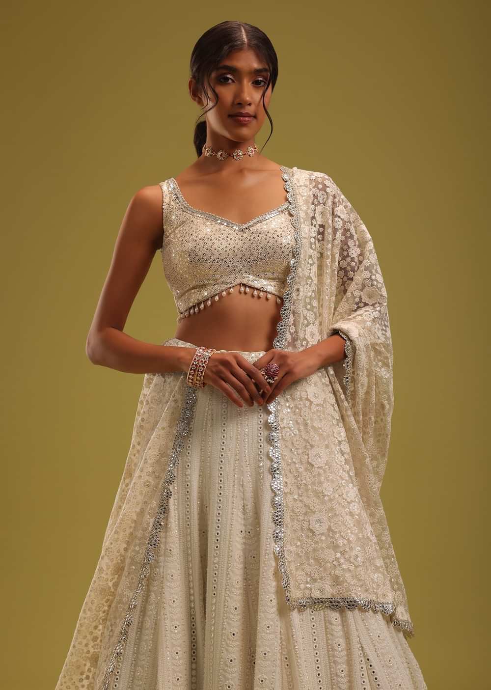 Ivory White Lehenga Set With Intricate Lucknowi Embroidery