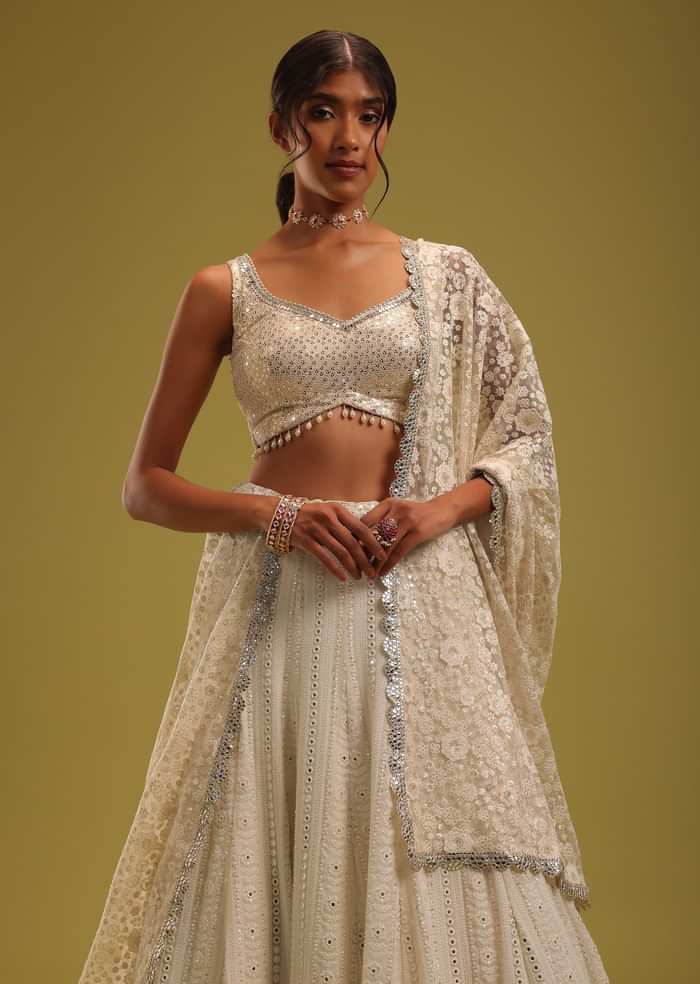 Ivory White Lehenga Set With Intricate Lucknowi Embroidery