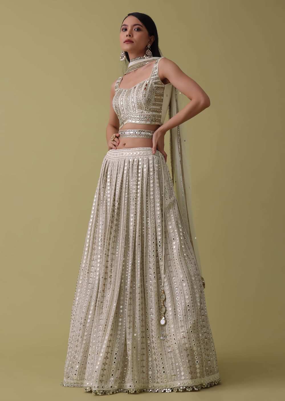 Ivory White Lehenga Suit Set In Georgette With Mirror And Thread Work