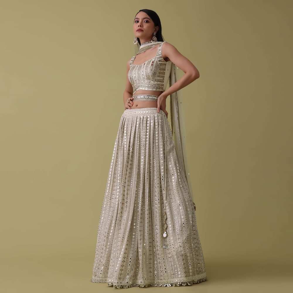 Ivory White Lehenga Suit Set In Georgette With Mirror And Thread Work