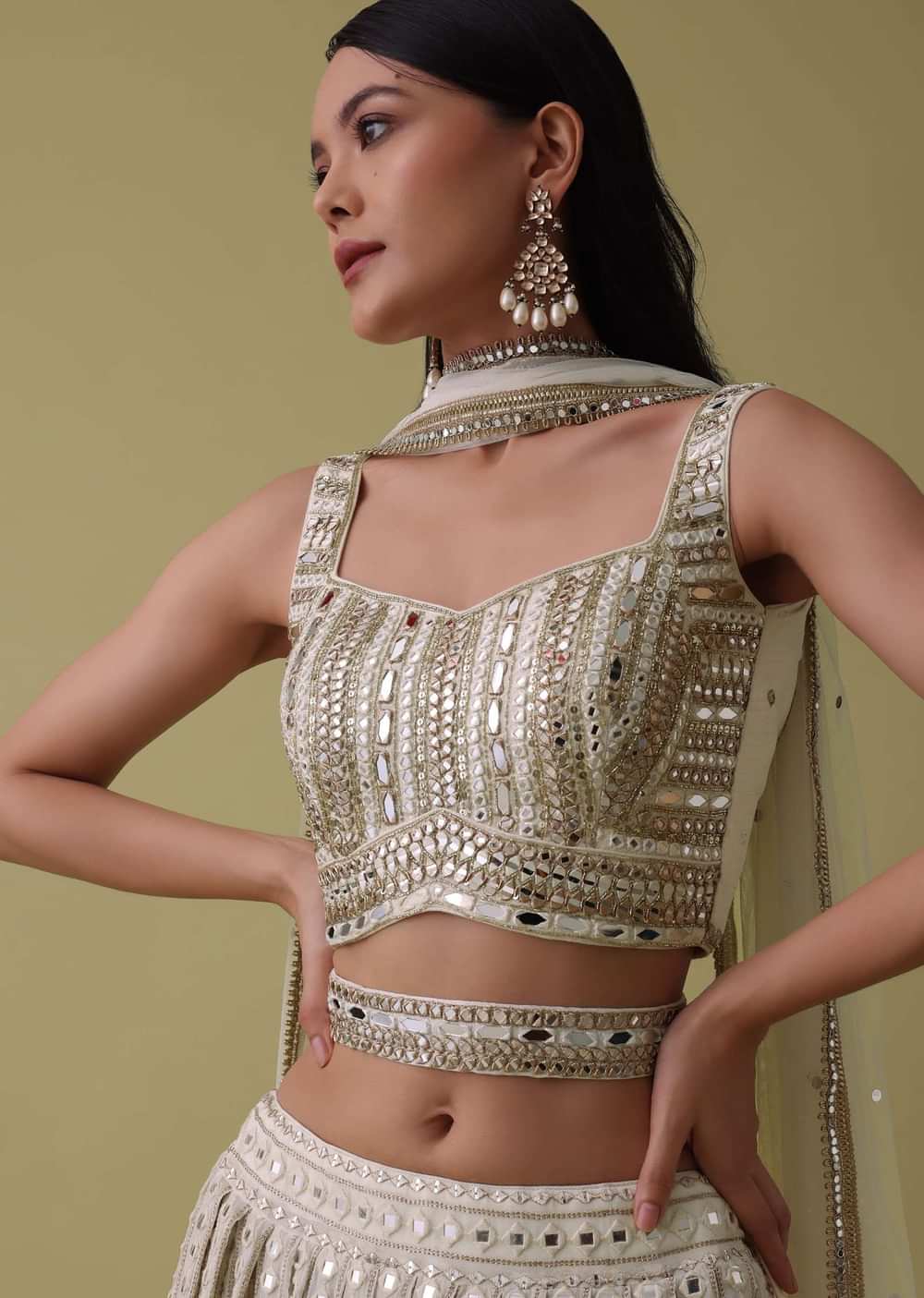 Ivory White Lehenga Suit Set In Georgette With Mirror And Thread Work