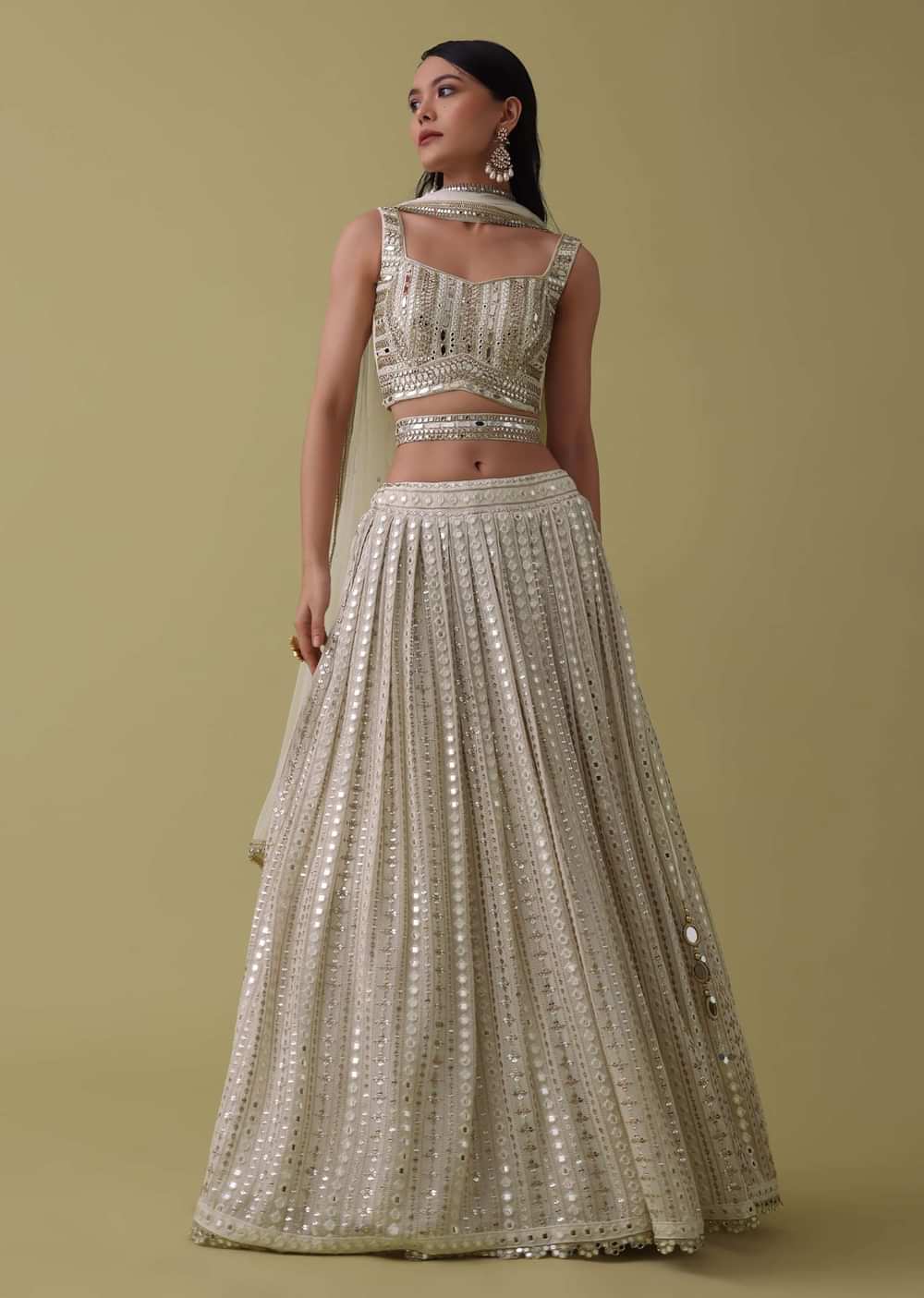 Ivory White Lehenga Suit Set In Georgette With Mirror And Thread Work