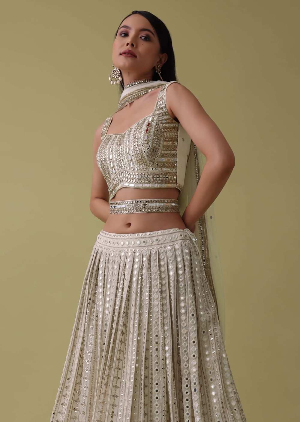 Ivory White Lehenga Suit Set In Georgette With Mirror And Thread Work