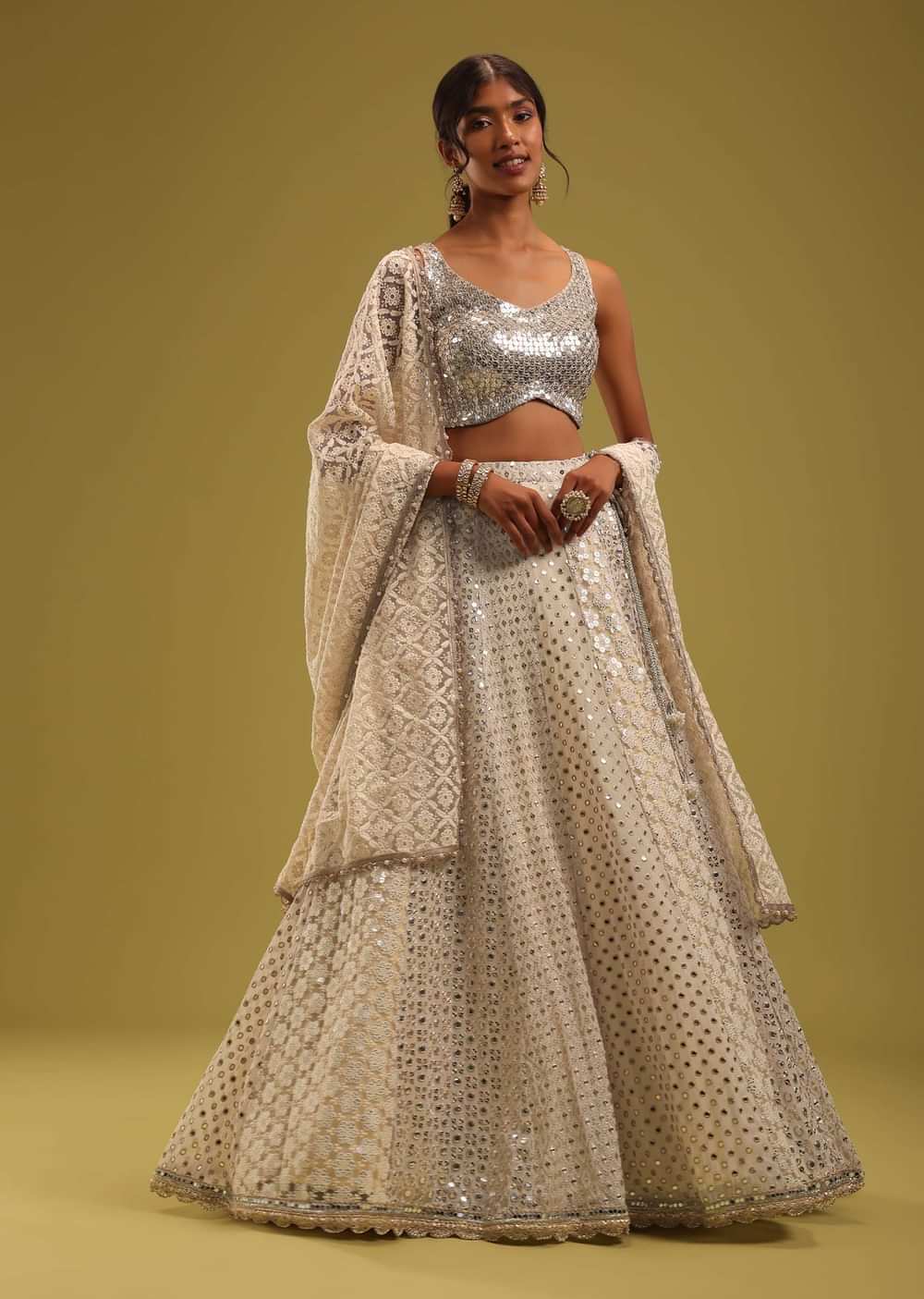 Ivory White Lucknowi Embroidered Georgette Lehenga Set