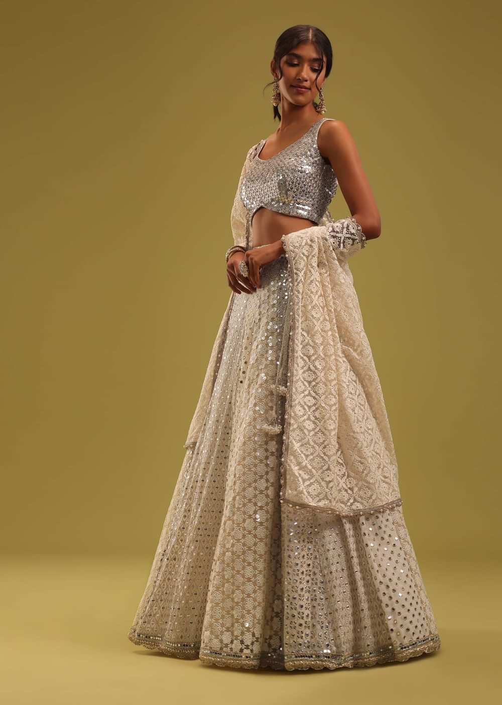 Ivory White Lucknowi Embroidered Georgette Lehenga Set