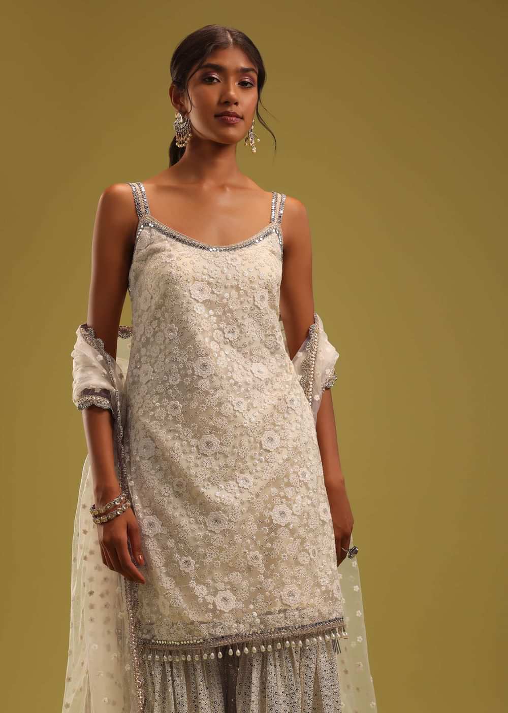 Ivory White Lucknowi Embroidered Net Kurti And Georgette Sharara Set
