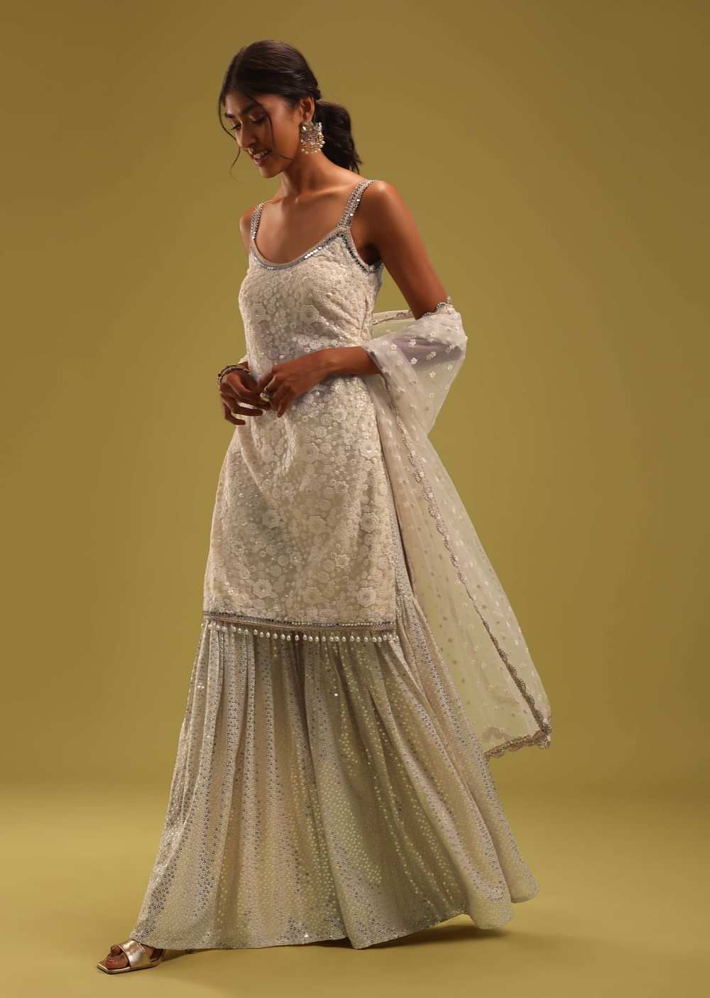 Ivory White Lucknowi Embroidered Net Kurti And Georgette Sharara Set