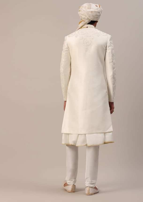 Ivory White Machine Embroidered Sherwani Set In Silk