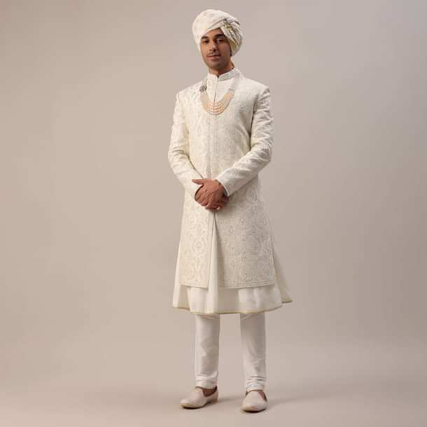 Ivory White Machine Embroidered Sherwani Set In Silk
