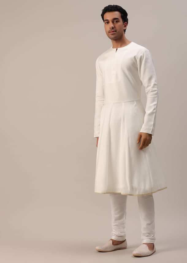 Ivory White Machine Embroidered Sherwani Set In Silk