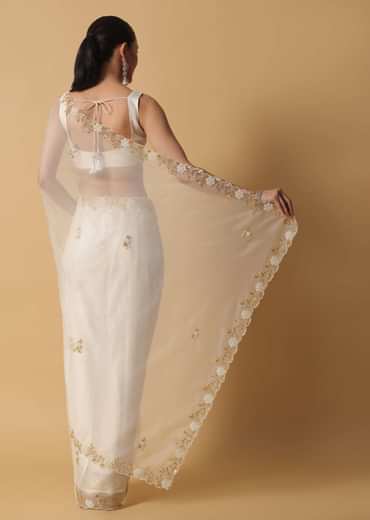 Ivory White Organza Saree With Cut Dana Embroidered Borders