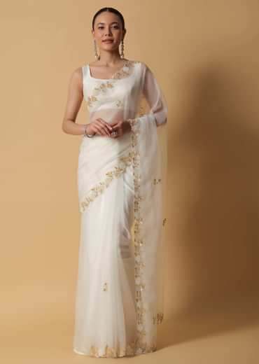 Ivory White Organza Saree With Cut Dana Embroidered Borders