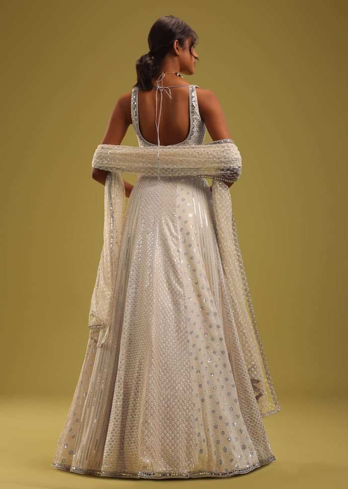 Ivory White Sequins Embroidered Georgette Lehenga Set