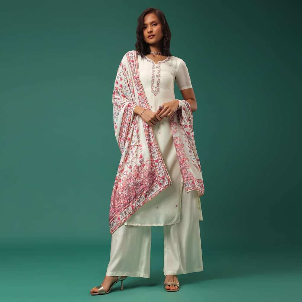 Ivory White Silk Kurti Palazzo Set With Heavy Dupatta