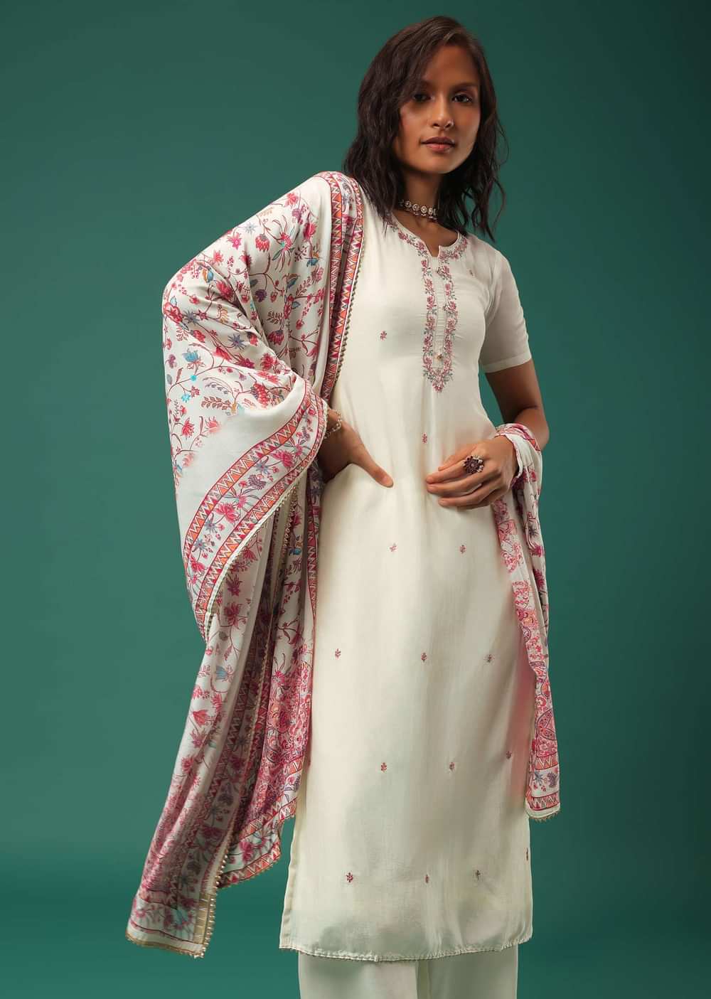 Ivory White Silk Kurti Palazzo Set With Heavy Dupatta