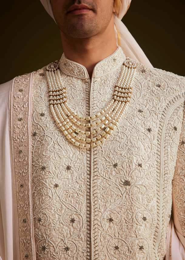 Ivory Zardozi Embroidered Sherwani With Matching Dupatta