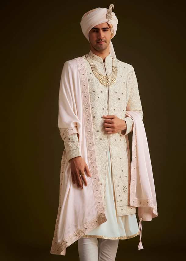 Ivory Zardozi Embroidered Sherwani With Matching Dupatta