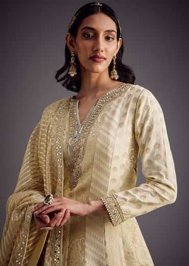 Ivory Zari Embroidered Anarkali With Dupatta