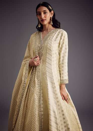 Ivory Zari Embroidered Anarkali With Dupatta