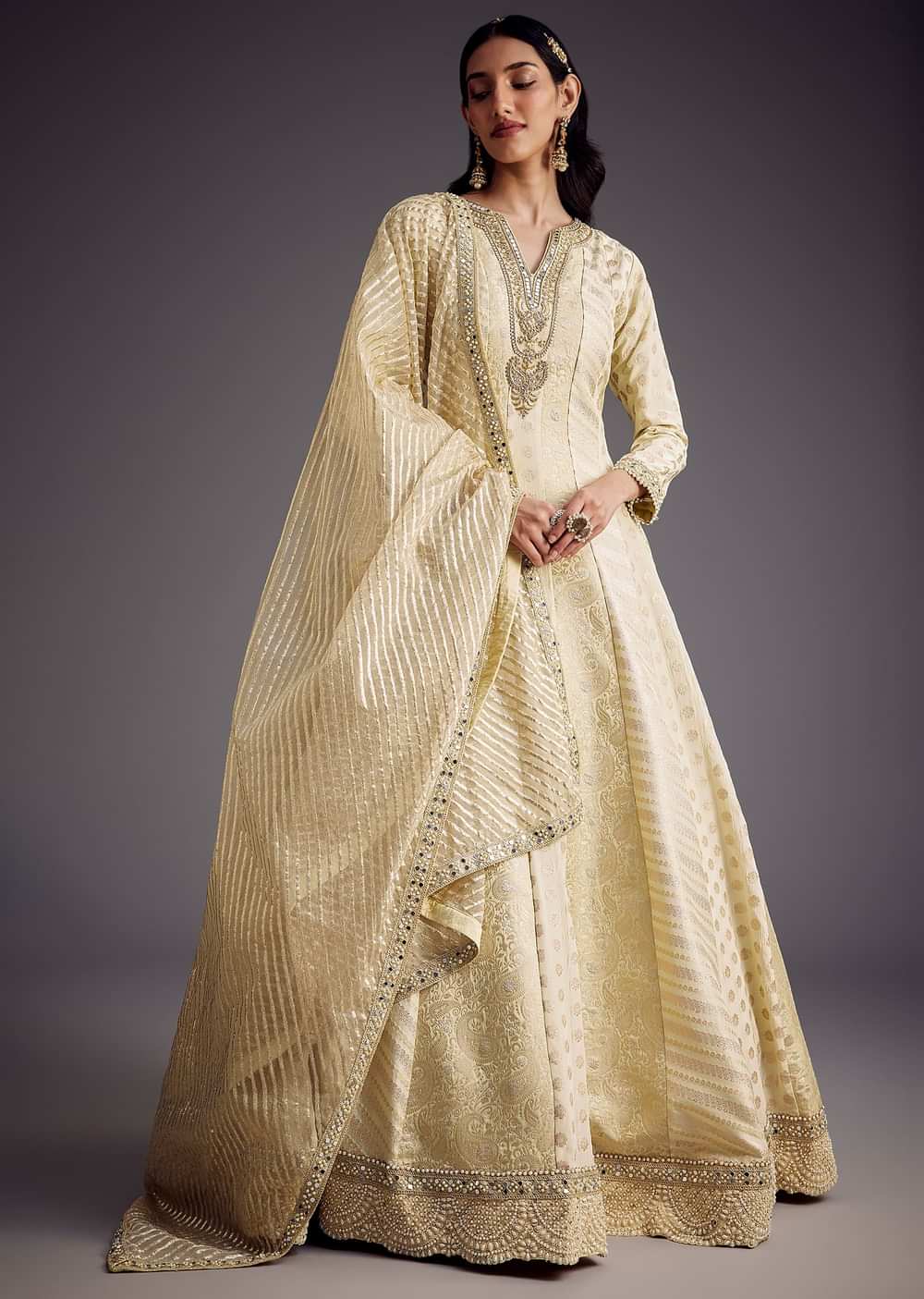 Ivory Zari Embroidered Anarkali With Dupatta
