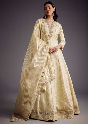 Ivory Zari Embroidered Anarkali With Dupatta