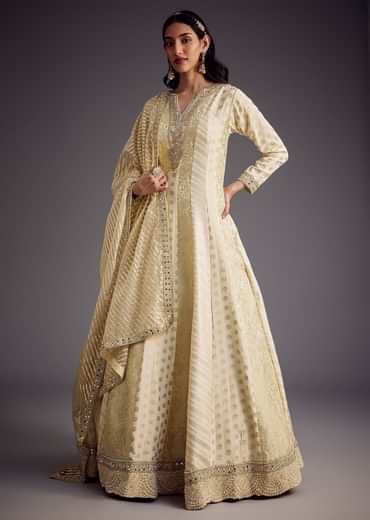 Ivory Zari Embroidered Anarkali With Dupatta