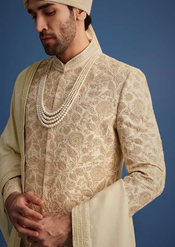 Ivory Zari Embroidered Sherwani Suit