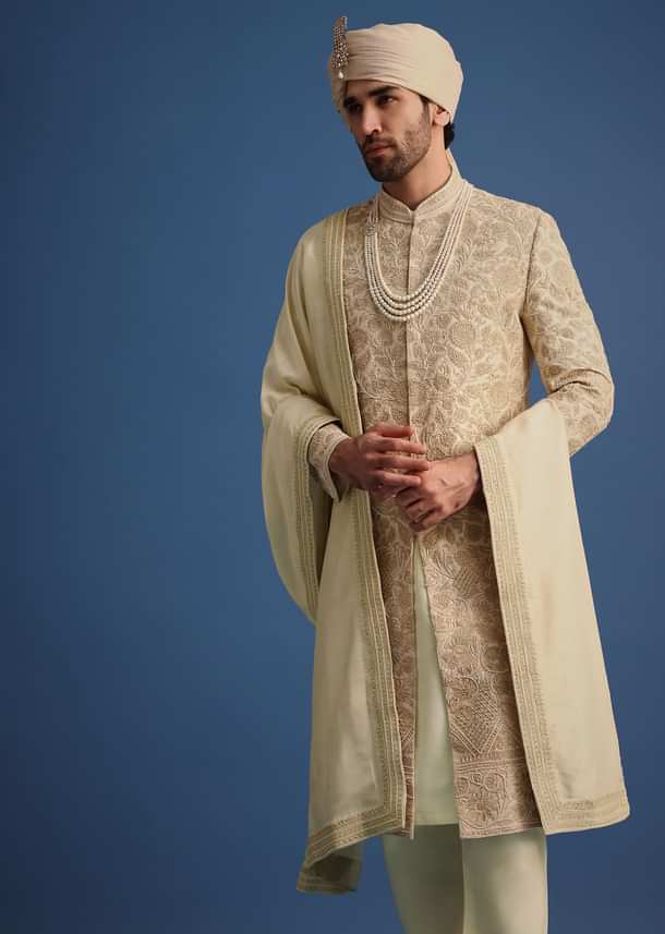 Ivory Zari Embroidered Sherwani Suit