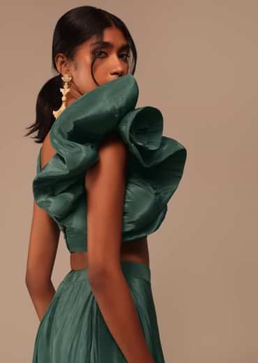 Jade Green Saree With Fancy One Side Flowered Shape Sleeve And Belt