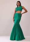 Jade Green Fish-Cut Skirt And Embroidered Blouse Set In Crepe