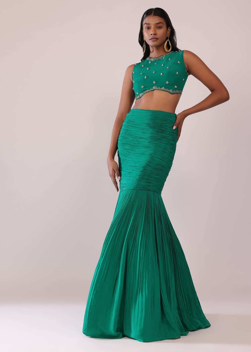 Jade Green Fish-Cut Skirt And Embroidered Blouse Set In Crepe