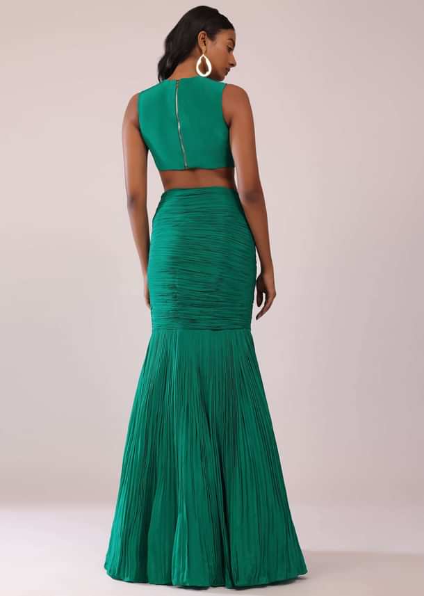 Jade Green Fish-Cut Skirt And Embroidered Blouse Set In Crepe