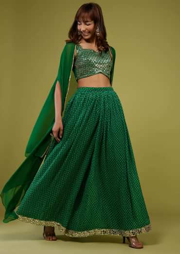 Forest Green Bandhani Print Palazzo Set In Georgette With Mirror Work