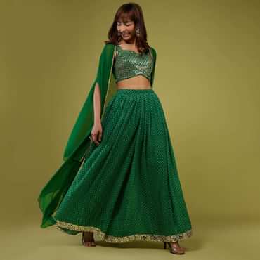 Forest Green Bandhani Print Palazzo Set In Georgette With Mirror Work