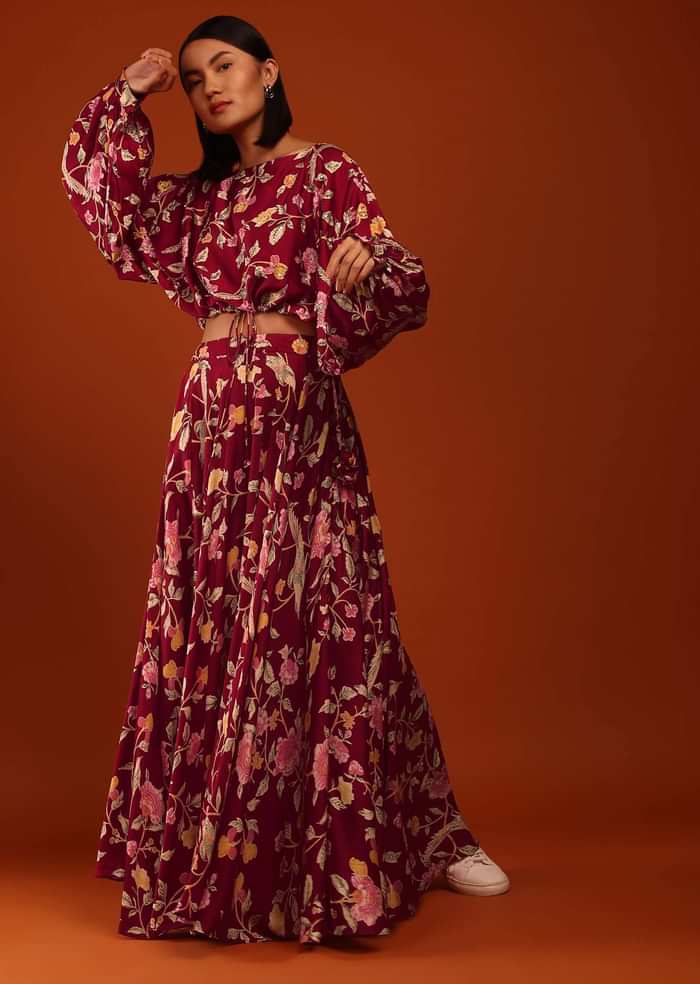 Jester Red Floral Print Crop Top And Lehenga