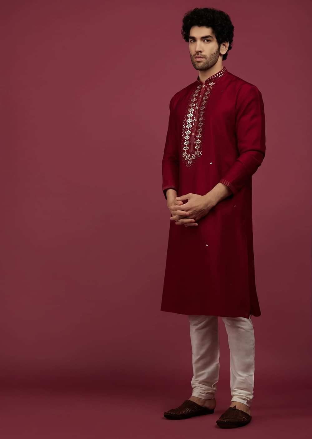 Blood Red Silk Kurta Set In Leather Work On Yoke