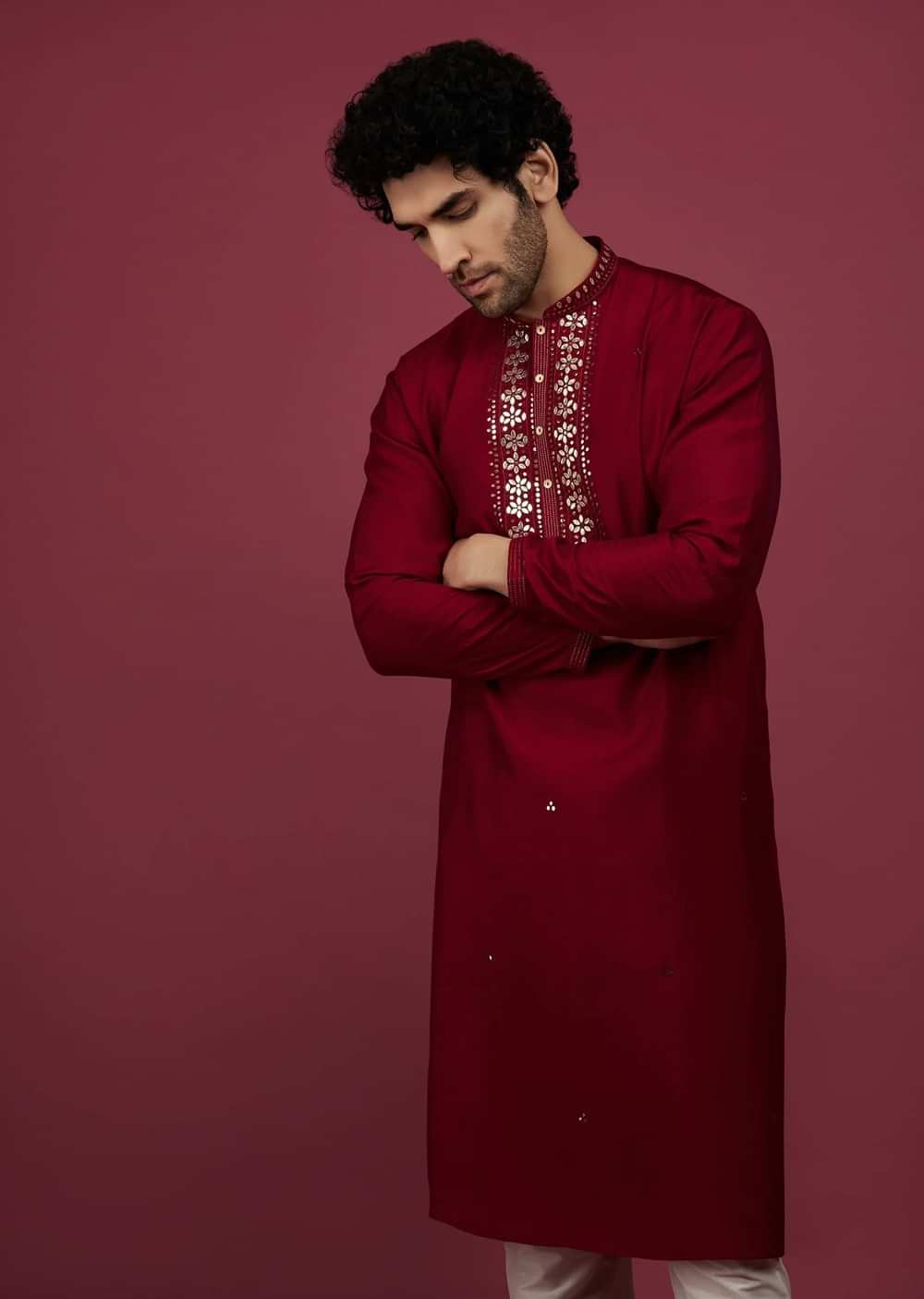 Blood Red Silk Kurta Set In Leather Work On Yoke