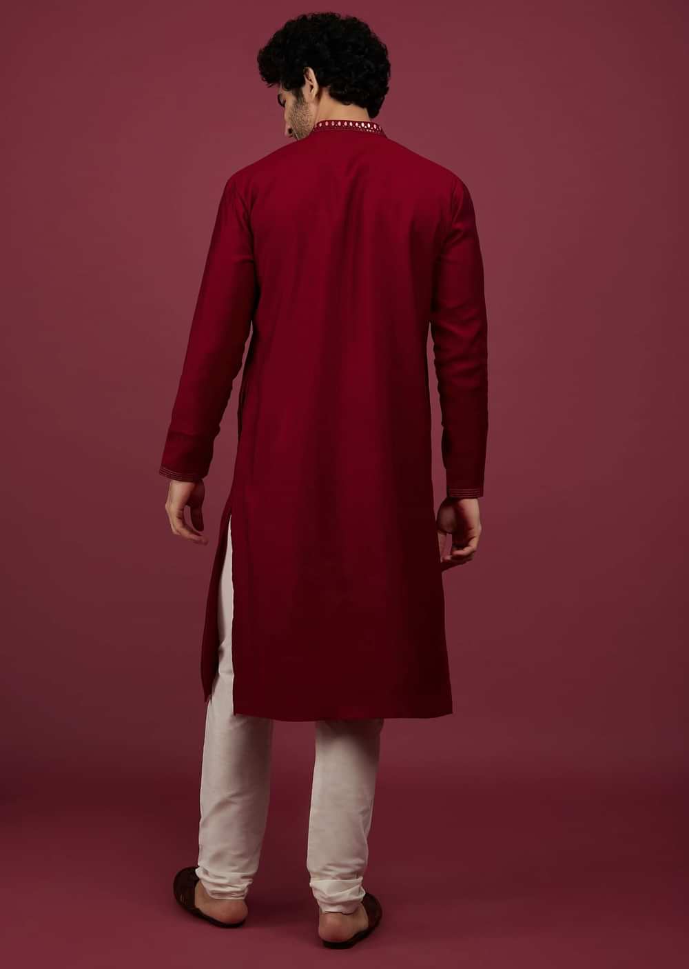 Blood Red Silk Kurta Set In Leather Work On Yoke