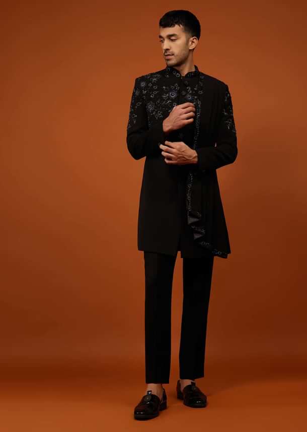 Jet Black Indo-Western Sherwani Set Embroidered In Imported Suiting Fabric