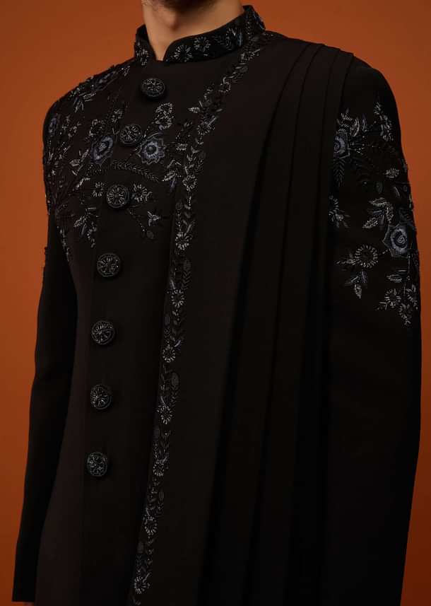 Jet Black Indo-Western Sherwani Set Embroidered In Imported Suiting Fabric