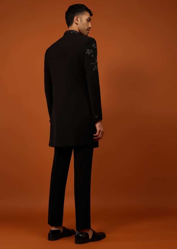 Jet Black Indo-Western Sherwani Set Embroidered In Imported Suiting Fabric