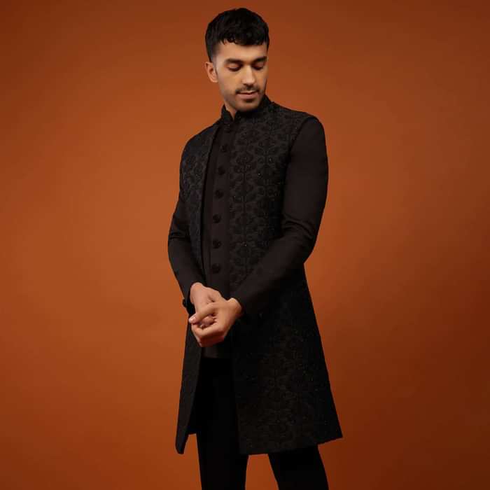 Jet Black Sherwani Set Embroidered In Imported Suiting Fabric