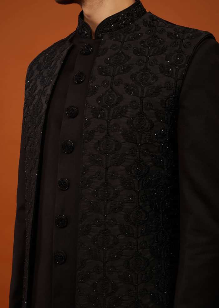 Jet Black Sherwani Set Embroidered In Imported Suiting Fabric