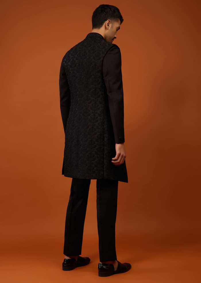 Jet Black Sherwani Set Embroidered In Imported Suiting Fabric