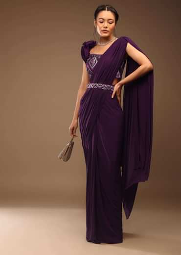 Jewel Purple Ready-Peated Saree With A 3D Flowers Crop Top In Stones And Multi-Colored Embroidery
