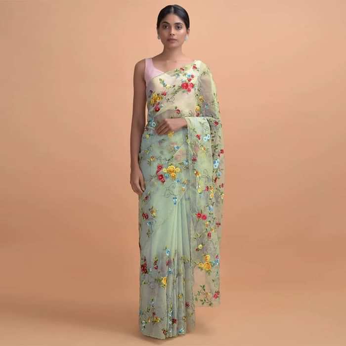 Mint Green Saree In Organza With Thread Embroidery In Floral Pattern Online - Kalki Online