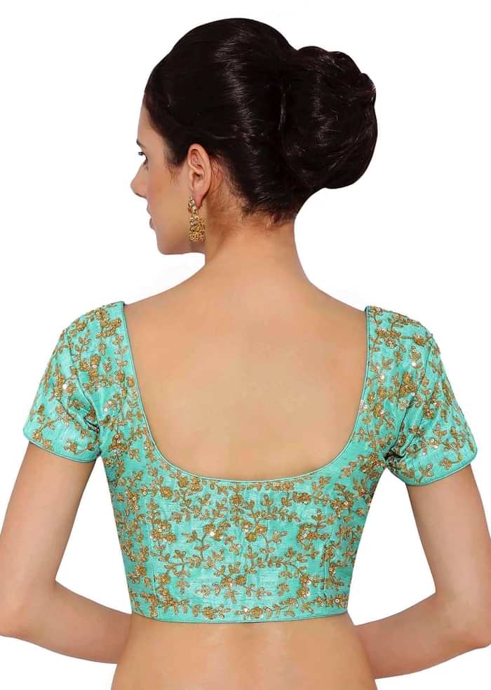 Sea Blue Blouse In Raw Silk With Sequins Embroidery And Side Zip Online - Kalki Fashion