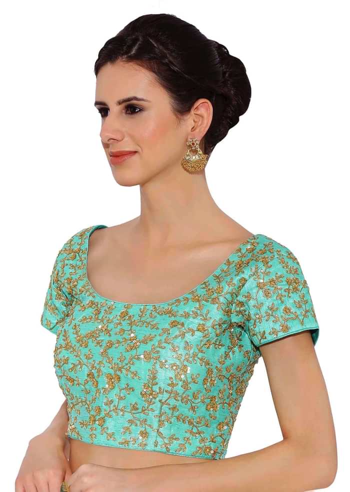 Sea Blue Blouse In Raw Silk With Sequins Embroidery And Side Zip Online - Kalki Fashion