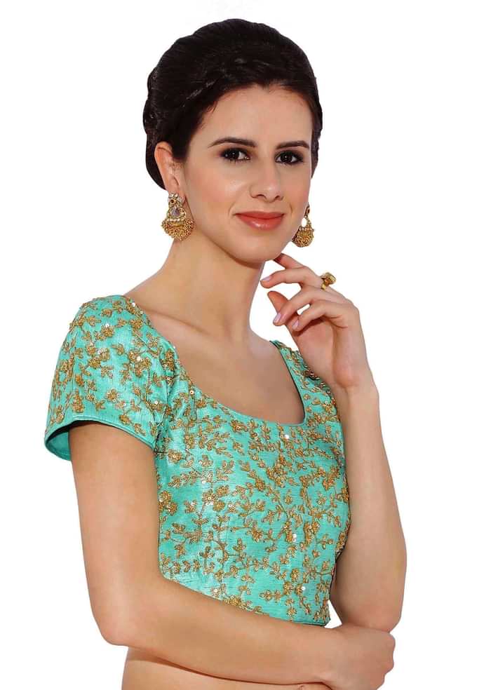 Sea Blue Blouse In Raw Silk With Sequins Embroidery And Side Zip Online - Kalki Fashion